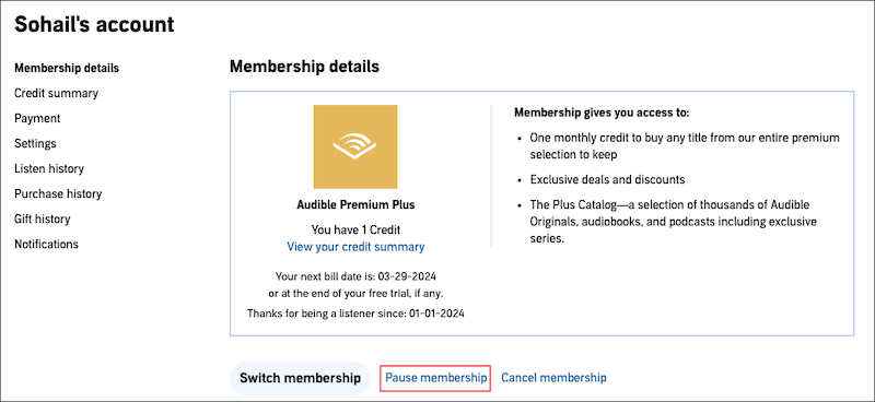 pause Audible membership