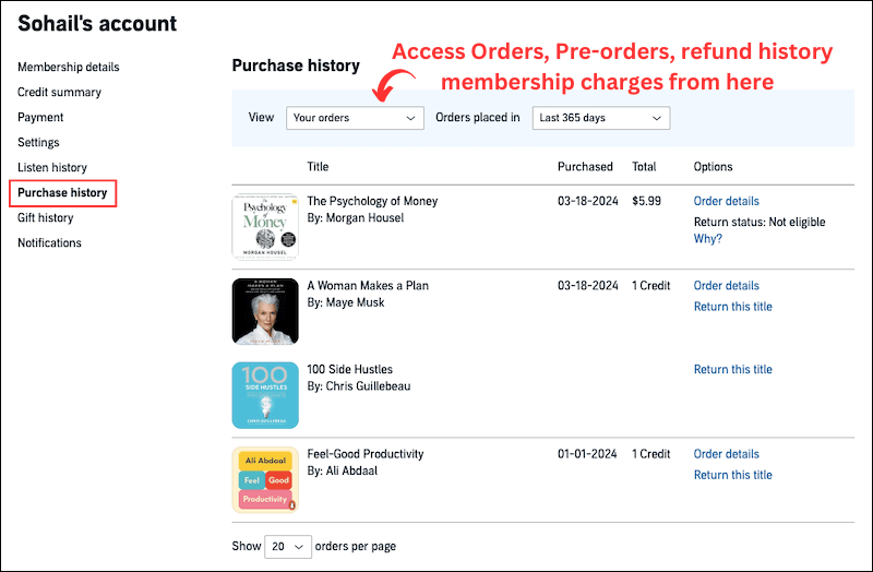 Audible's purchase history on Audible website