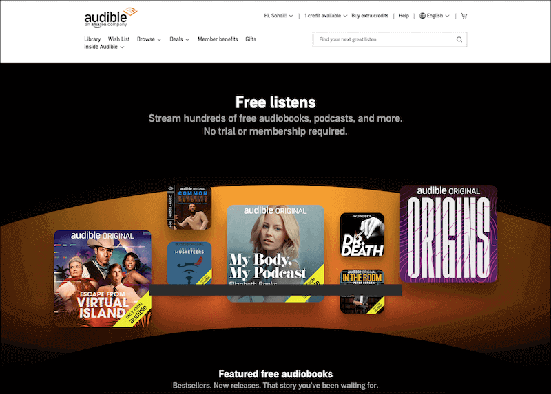 screenshot of Audible's Free Listen section