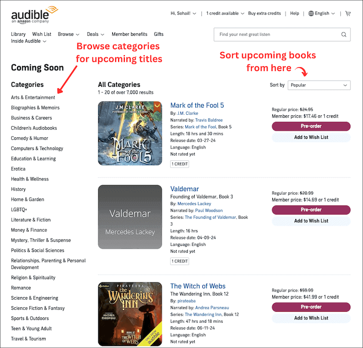 Audible's coming soon section