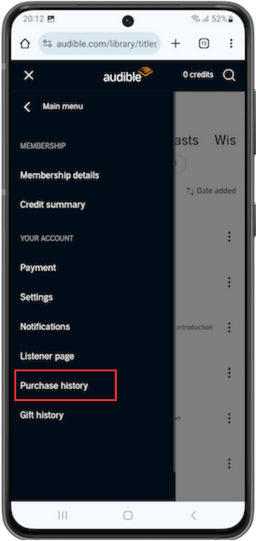 purchase history option Audible mobile site