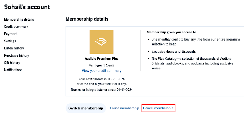 cancel audible membership from Audible site