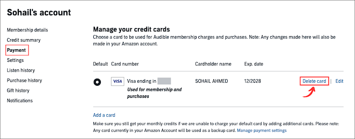 remove a card from Audible account