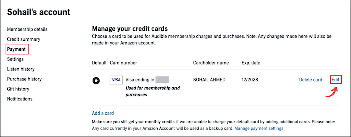 edit a bank card details on Audible