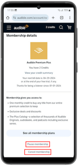 pause or cancel Audible membership on mobile site