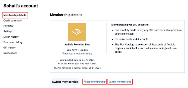 Pause or Cancel Audible membership