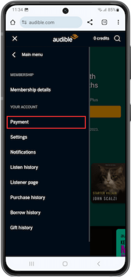 Payments option on Audible's mobile site