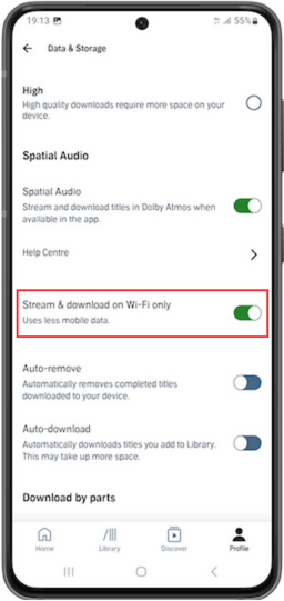mobile mockup showing 'stream & download on WiFi only' option in Audible app
