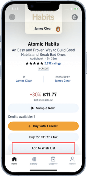 audible's add to wish list feature on iPhone app