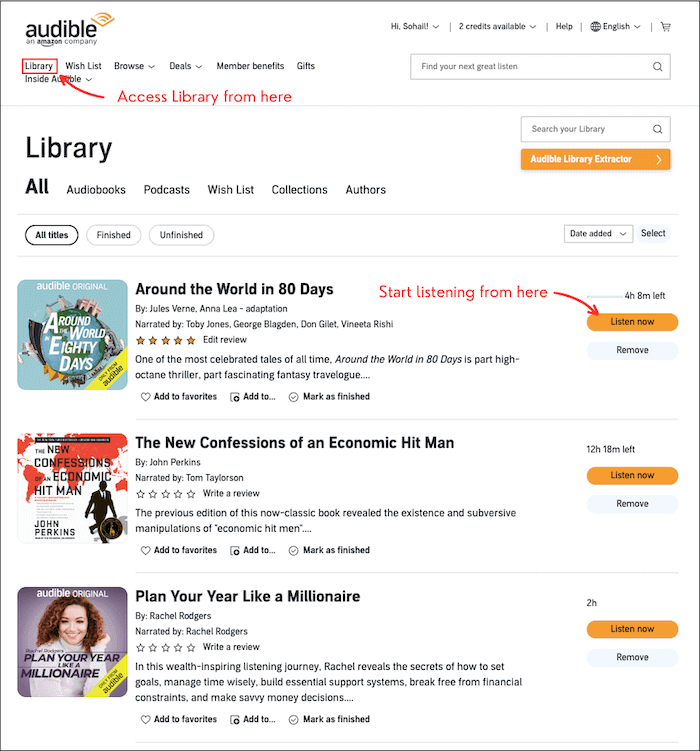 Library section on Audible website