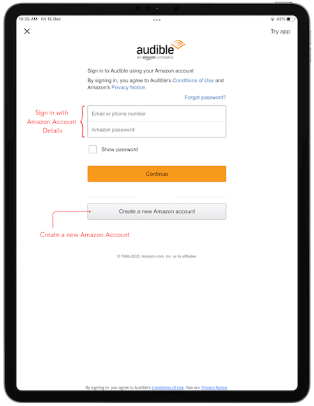 sign in to Audible on iPad