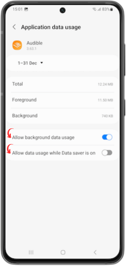 allow data usage for audible app