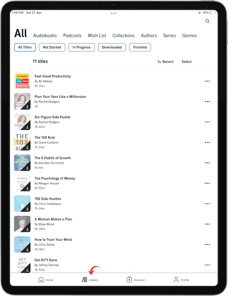 Library section in Audible's iPad app