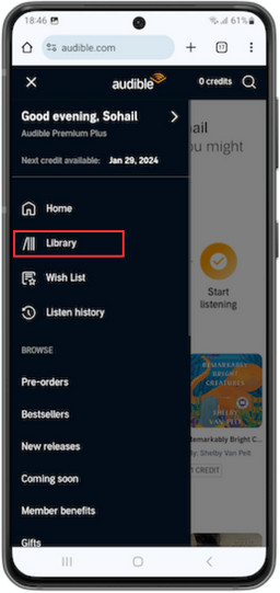 Audible library on mobile site