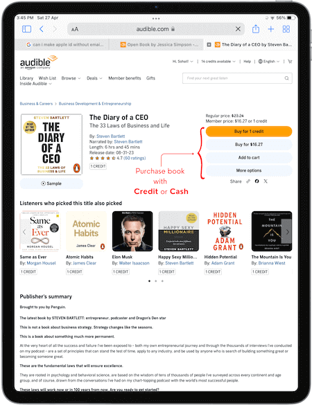 purchase Audible book on iPad with cash